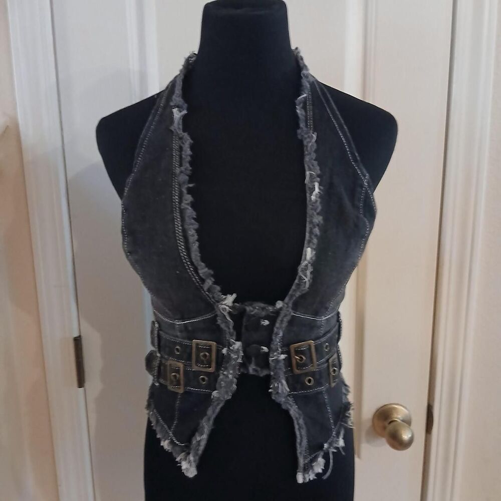 NWT Black Denim Deep V-Neck Backless Top fringe detail buckles XS Indie Festival